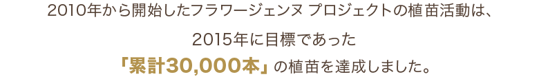 2010年から開始したフラワージェンヌ プロジェクトでは、2015年に目標であった「累計30,000本」の植苗を達成しました。